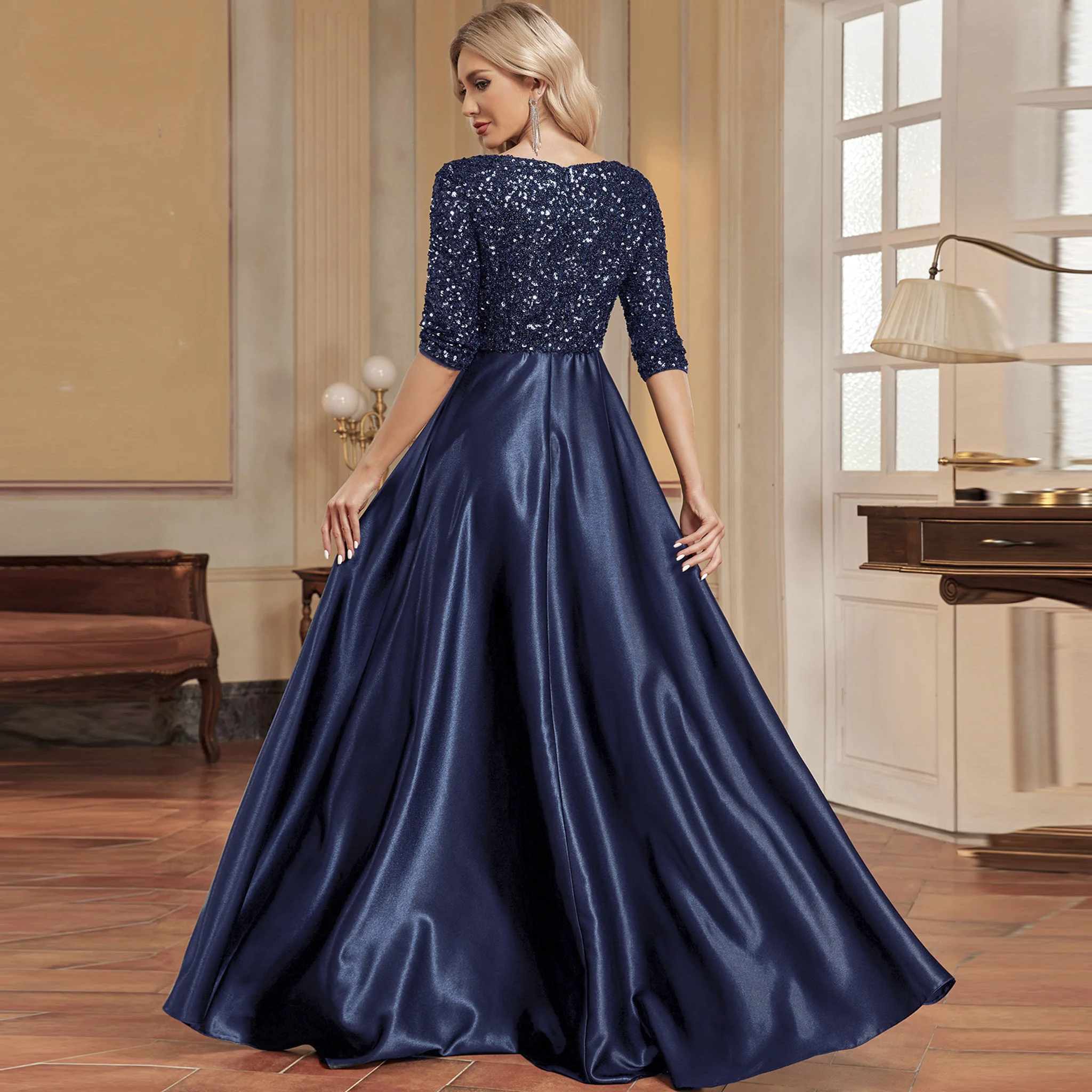 여성용 반소매 스팽글 드레스 포멀 프롬 드레스 이브닝 가운 포켓 포함
