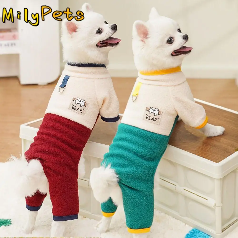 

Warm Dog Jumpsuit Stand Collar Color-blocking Puppy Harness Coat Polar Fleece Cartoon Bear Pattern Pet Coat Hoodie