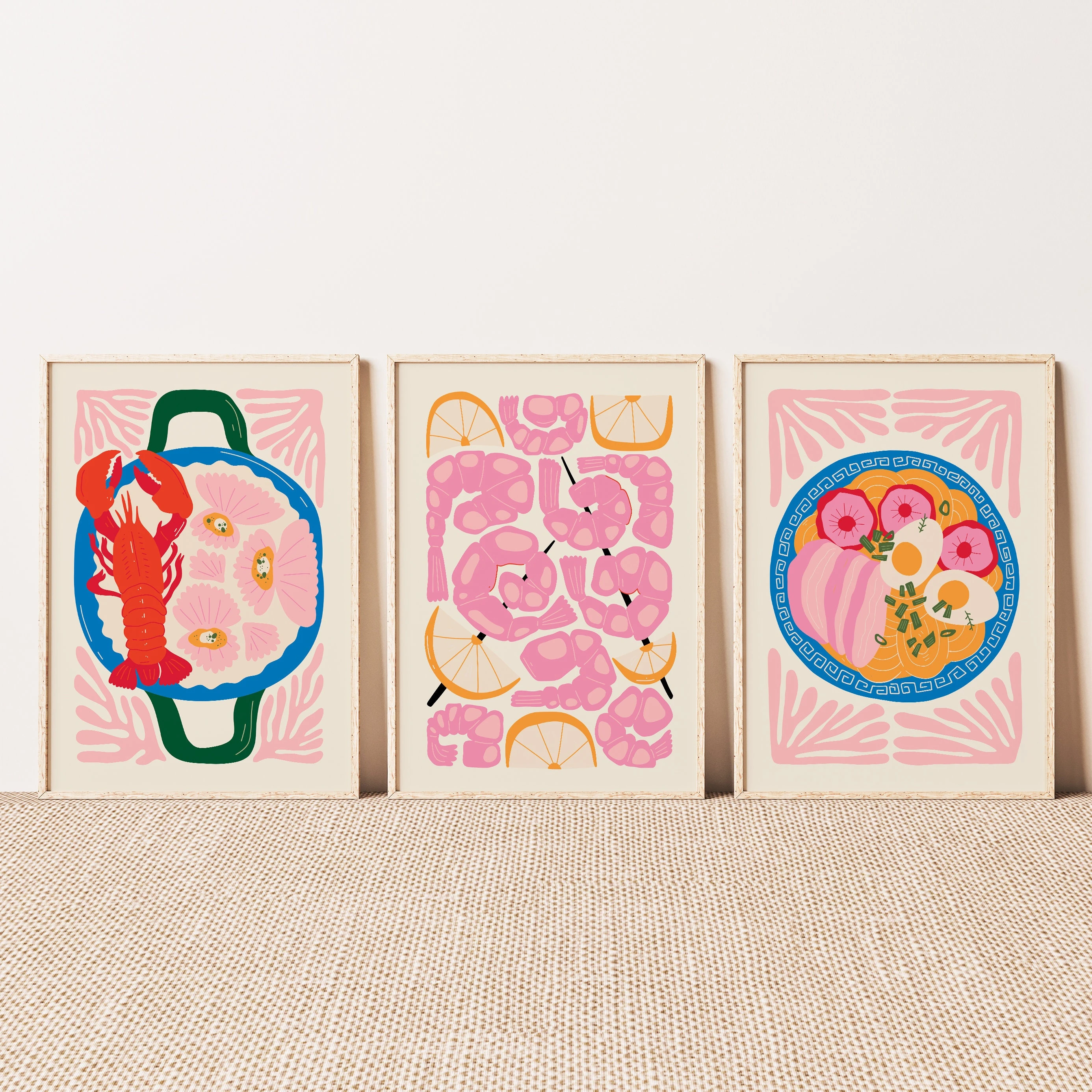 3pcs Asian Lobster Seafood Noodles Poster Print Char Siu Noodles Japanese Kitchen Canvas Art; Dining Room, Kitchen Decor