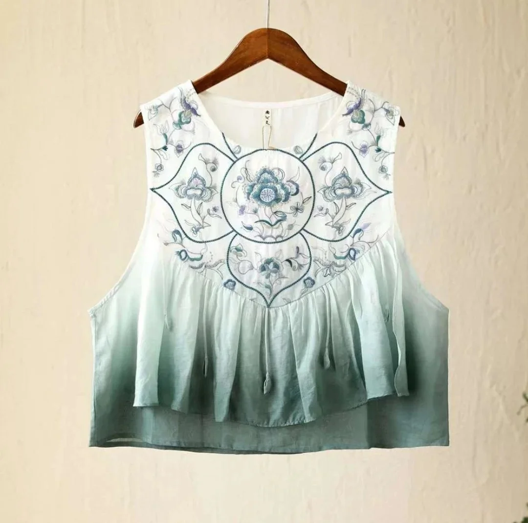 High quality Women's vest Summer Ink gradient O-Neck ramie original tops flounce embroidery green sleeveless vintage vest