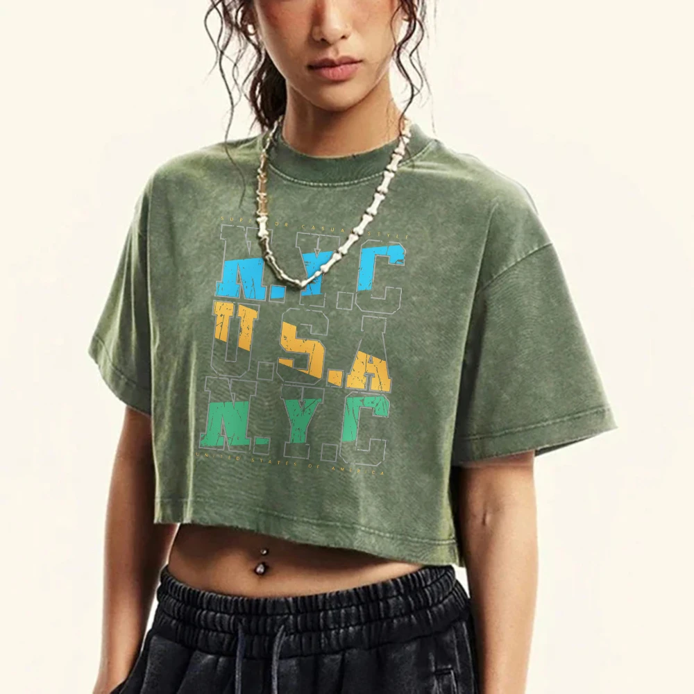 New York City Usa Art Letter Printing Washed Crop Top Womens Street Fitness T-Shirts Summer Hip Hop Tees Cotton Short Sleeve 