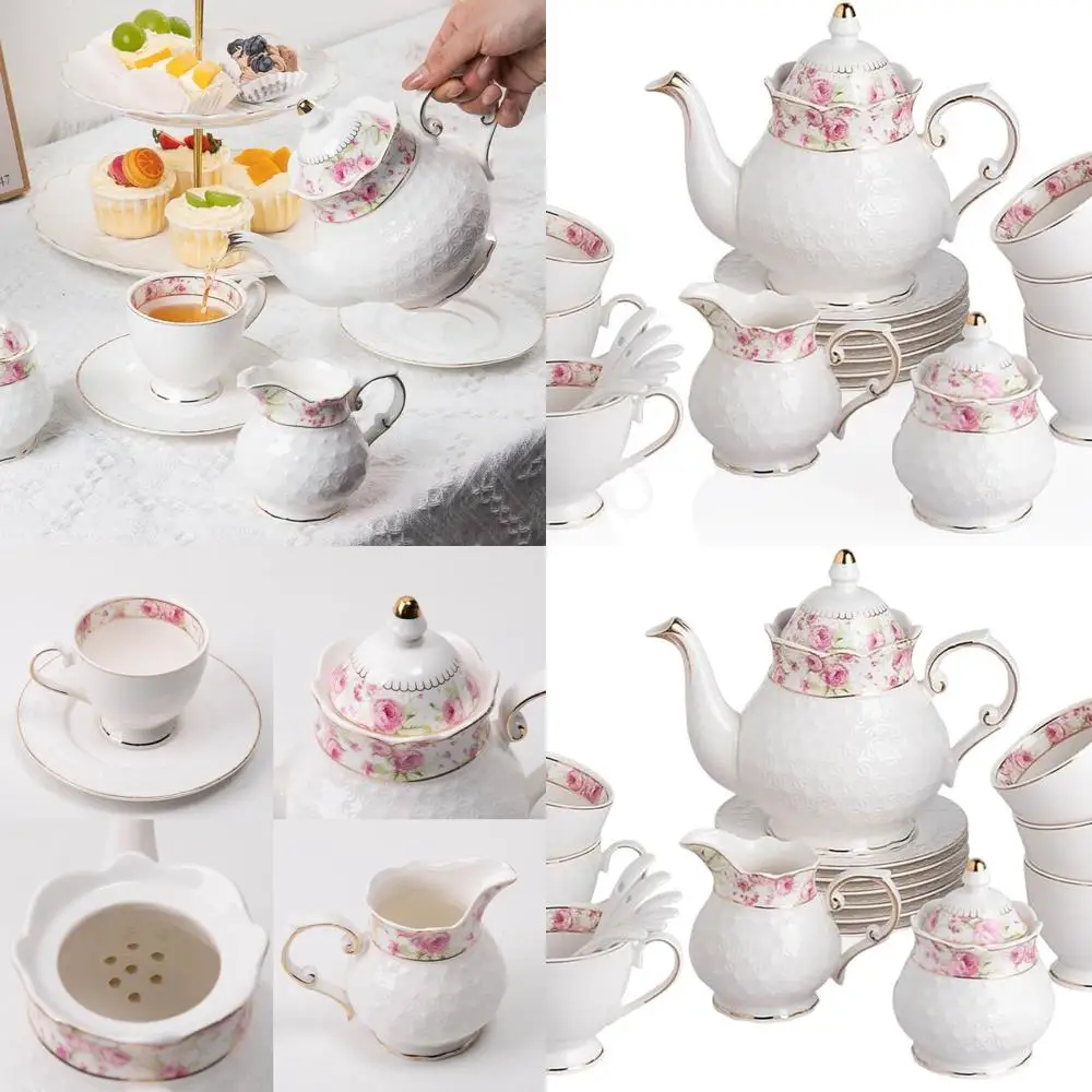 

Vintage Floral Gold Trimmed Porcelain Tea Set with 6 Piece Service, Including Teapot, Cups, Saucers, Sugar Bowl, Creamer, and Pi