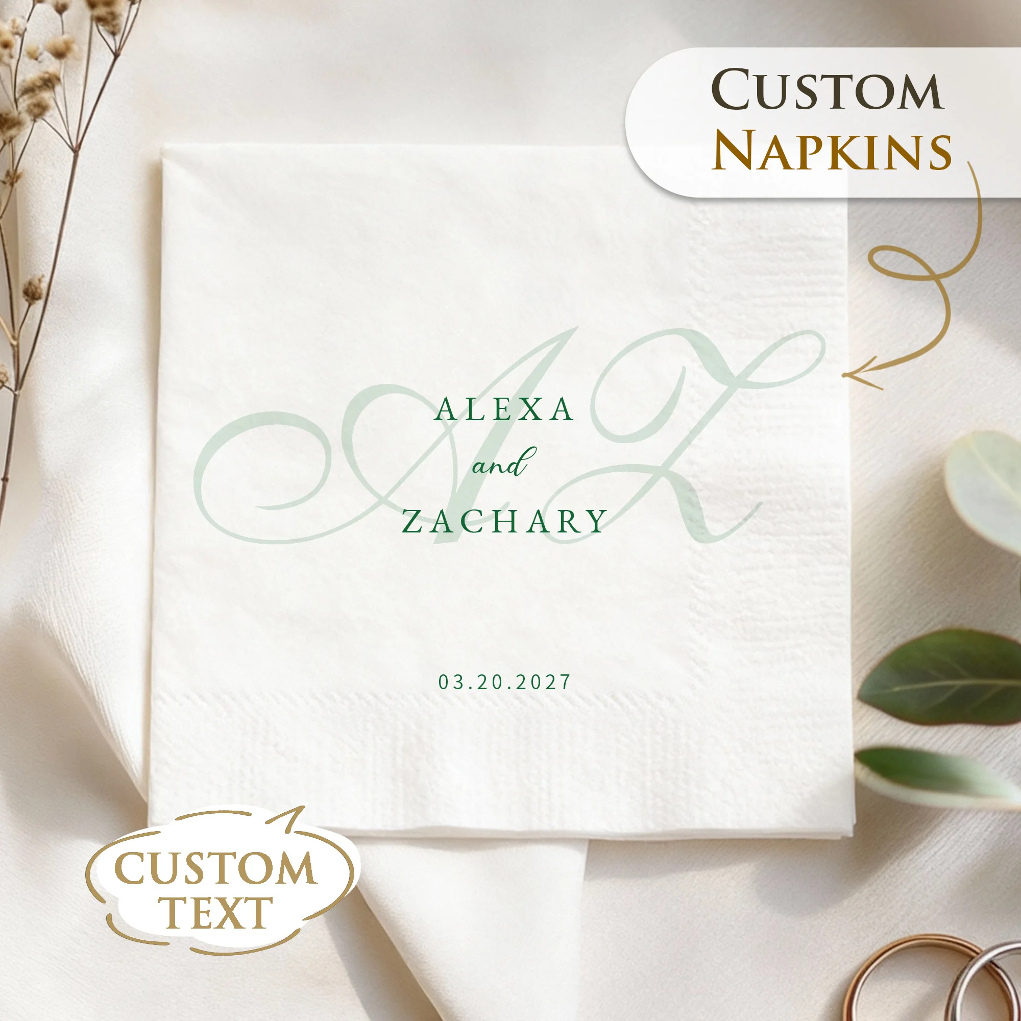 Personalized Paper Napkins for Wedding Custom Cocktail Napkins of Text Elegent Disposable Napkins,for Baby Shower Hen Party
