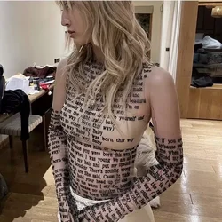 Letter Print Transparent Mesh Sexy T-shirt Women Sleeveless Y2k Vintage Streetwear T Shirt with Glove Female See Through Top Tee