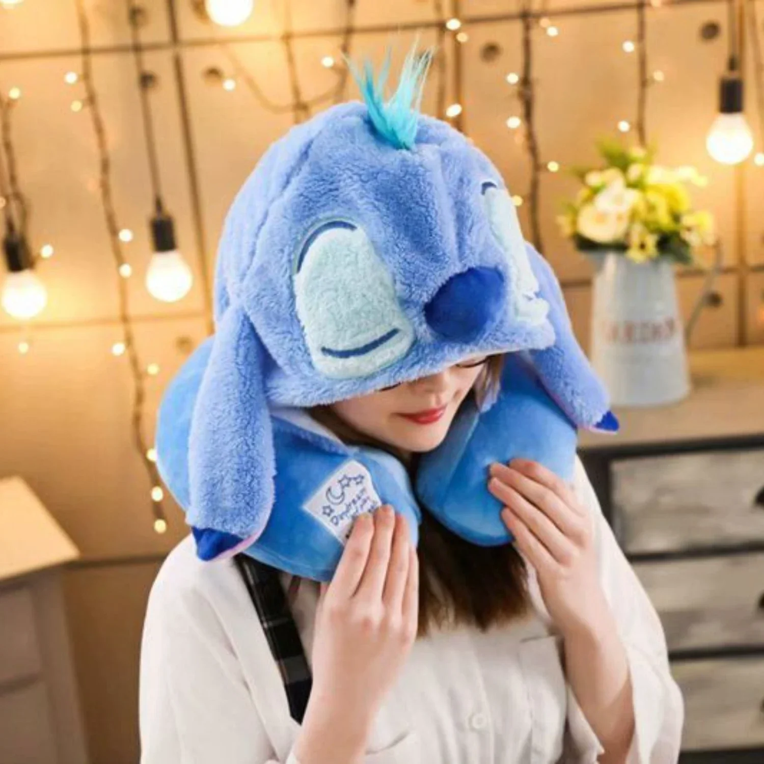 Stitch Disney New Pillow Cute Cartoon U-shaped Pillow Stuffed Toy Travel Hooded Neck Cushion Single Office Nap Pillows Headrest