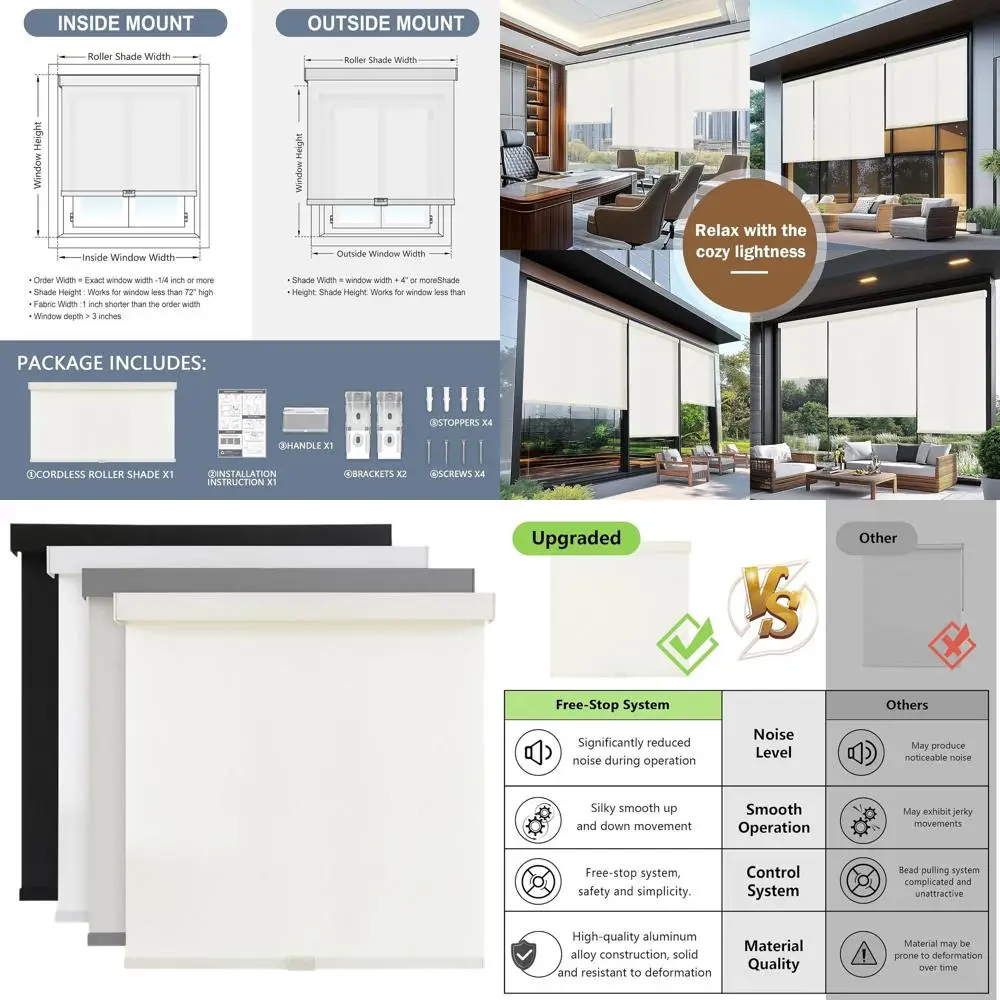 

Cordless Light Filtering Roller Shades, 1% Openness, Valance Included, Thermal Insulated, UV-Protected Natural Woven Blinds, 34x