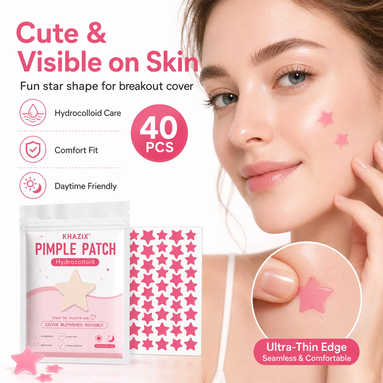 40 pieces of star-shaped acne patches, water-based gel facial concealer stickers, cute pink star-shaped stickers, lightweight an