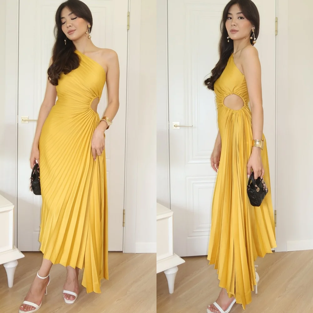 

Customized Simple Yellow Jersey Evening Dress Classic One Shoulder Sleeveless Celebrity Gowns Luxury Special Occasion Gowns