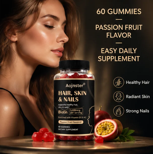 Hair Skin & Nails Gummies, 5000mcg Biotin, Vitamin D3 & K2, Passion Fruit Flavor, Dietary Supplement for Daily Nutrition Support