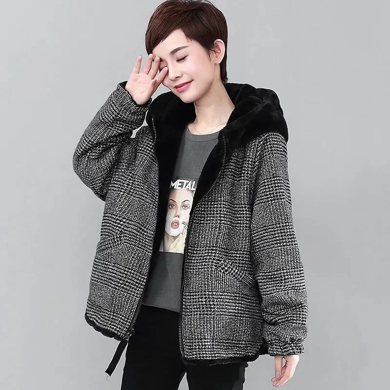 Dámská volná fleecová mikina s kapucí z jehněčího sametu, oboustranná, bavlněná bunda, módní podzim/zima - náhled 2