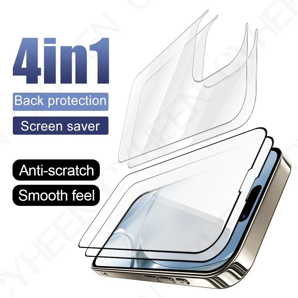 4in 1 Tempered Glass smartphone Back Film Protective Film for iPhone 16 Pro Max 15 Plus Phone Screen Protector 14 13 Mini 12 11