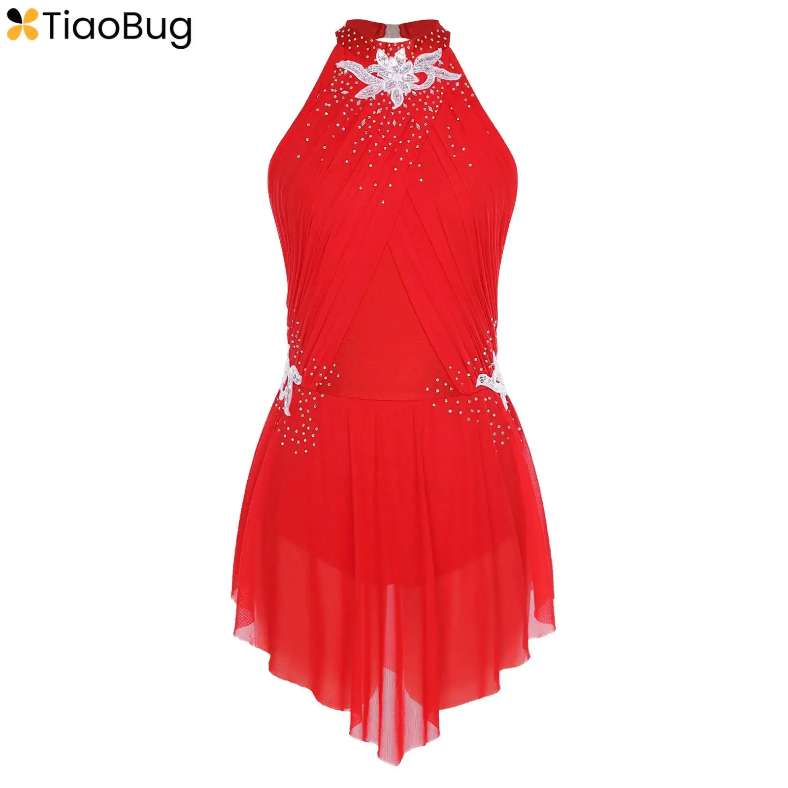 

Womens Lyrical Dance Dress Rhinestones Embroidery Sleeveless Ruched Mesh Layering Leotard Dress for Figure Skating Gymnastics
