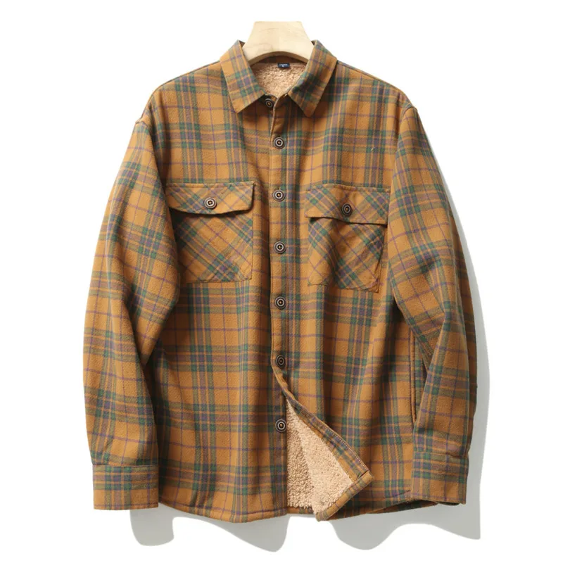 

Men's Plaid Flannel Shirts Jacket Fall Winter Thick Fleece Quilted Lined Chest Pocket Long Sleeve Checkered Shirt Man Outwear