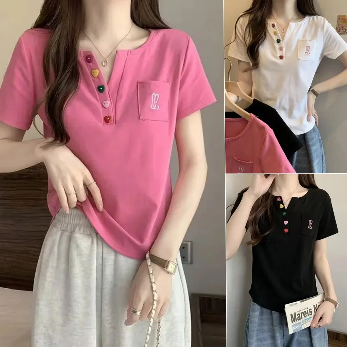 New Summer T-shirt 2023 Women Korean Short Sleeve V-neck T Shirt Sweet Girls Casual Tee Top Female Loose Short T-shirt