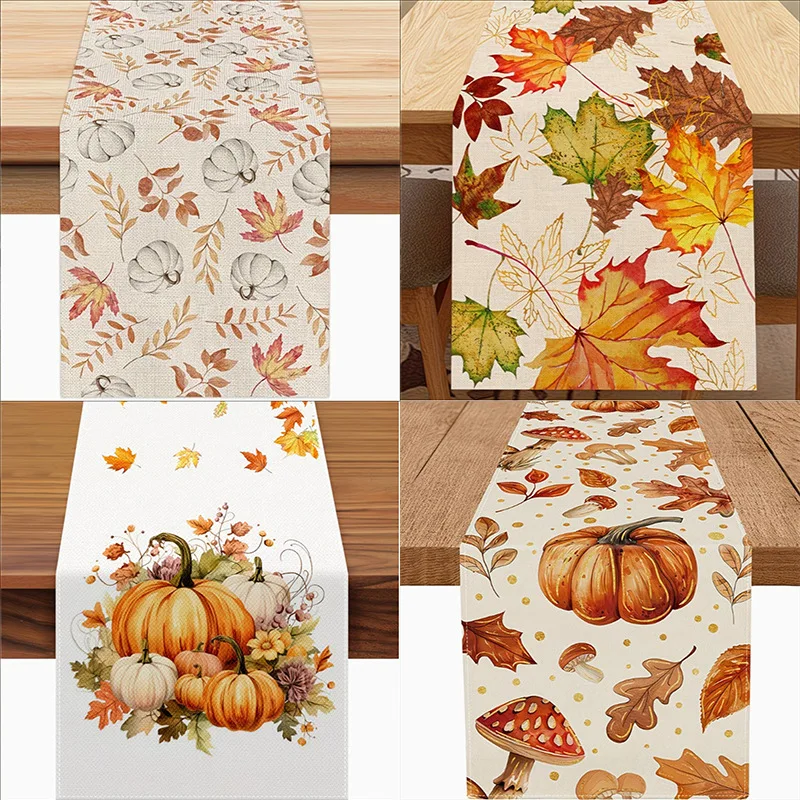 2pc Fall Harvest Pumpkin Maple Foliage Mushroom Table Runner Farmhouse Thanksgiving Dining Room Kitchen Holiday Table Decoration