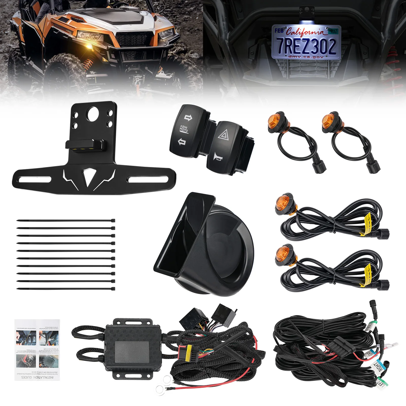 

KEMIMOTO UTV Turn Signal Kit with 110D Horn and License Plate Holder with Light Compatible with Polaris RZR Ranger for Can-Am X3