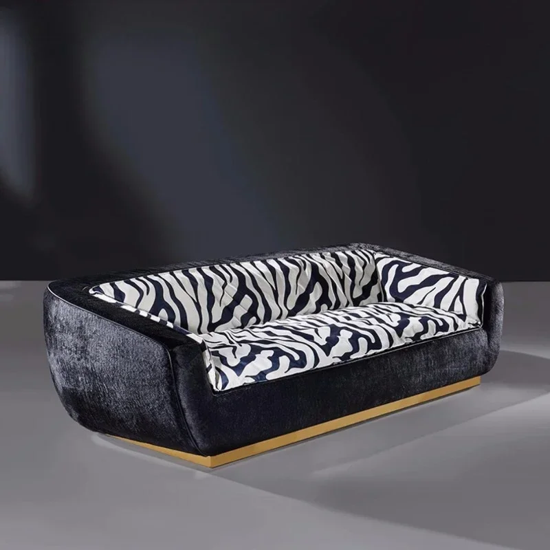 Designer black and white pattern fabric sofa light luxury villa large flat living room three-person sofa