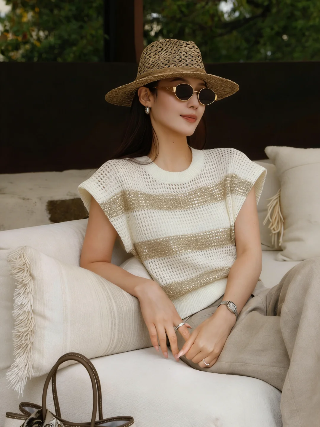 New Spring/Summer Striped Sequin Knit Top With Hollow-Out Flutter Sleeves For Women
