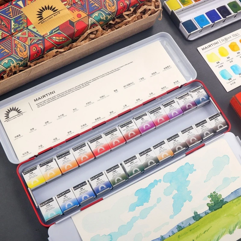 MAIRTINI Brilliant Rays Solid Watercolor 24-color Set Metal Watercolor Palette Travel Artist Portable Painting Art Supplies
