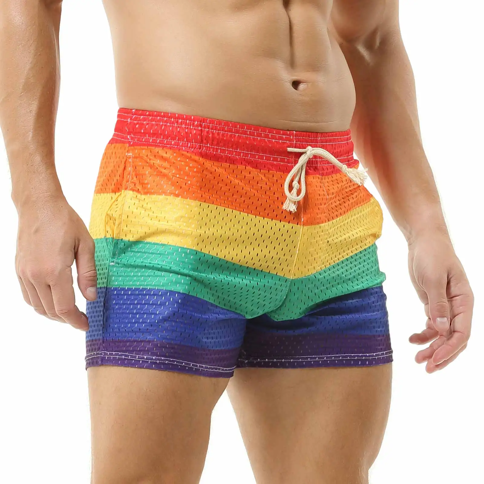 CLEVER-MENMODE Men\'s Rainbow Casual Shorts Pocket Loose Thin Home Shorts Beach Boxers Tether Mesh Breathable Panties