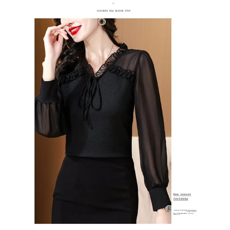 2025 الخريف والشتاء جديد الفرنسية الرجعية الشيفون الخصر الوقوف طوق بلوفر أنيق مزاجه عادية قاع للنساء #4