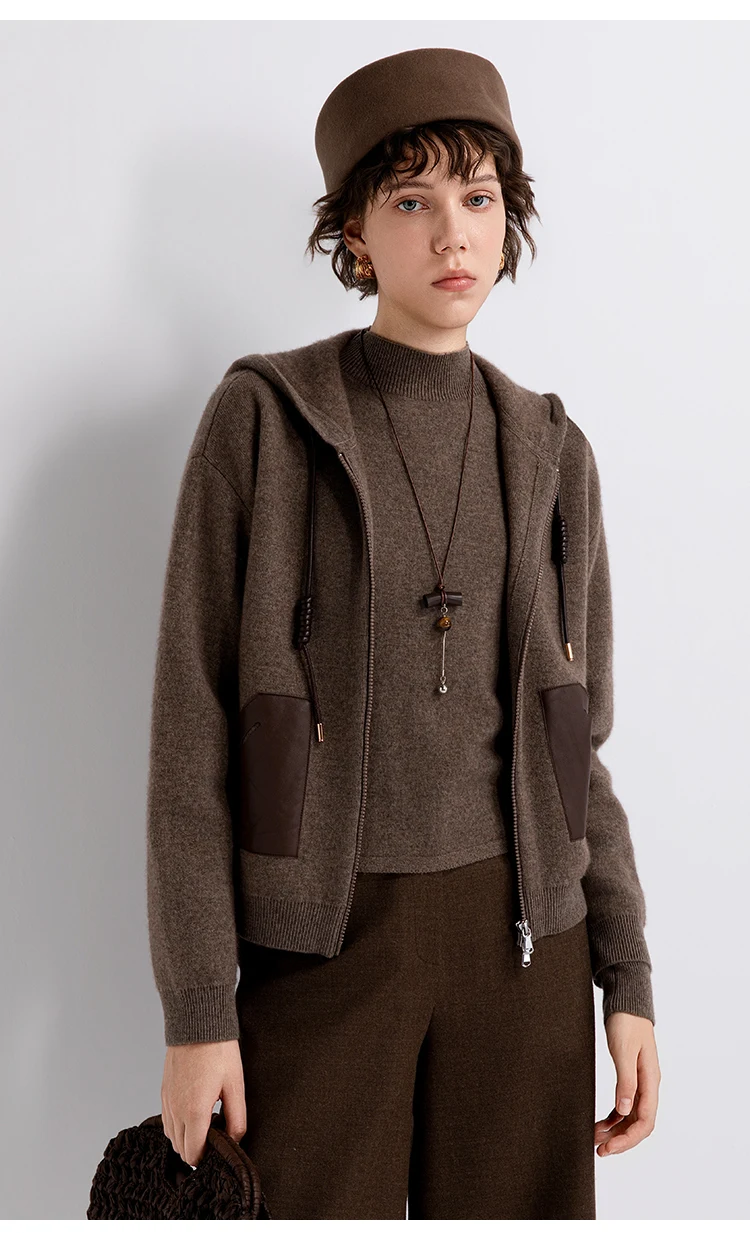 TY862141 Damen Kapuzen-Reißverschluss-Strickjacke aus Wolle-Kaschmir-Mischung, 100% Schafsleder, Tasche, Kordelzug, gerippte Manschette, LP Old Money – Detail 8