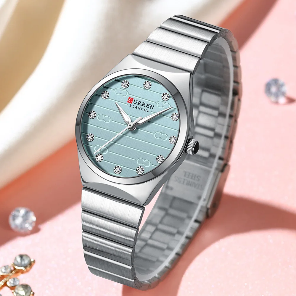 CURREN 9110 Fashion Women's Quartz Watch Waterproof Stainless Steel Strap Watch with Small Diamond-Embedded Round Dial