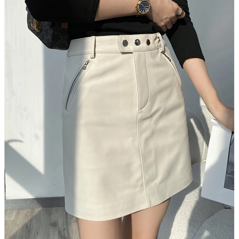 Genuine Leather Sexy Mini Skirt Women 2025 Spring South Korean Fashion High Waist Buttons Retro A-line Skirt