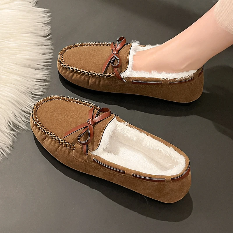 All-Match Moccasin Shoes Bow-Knot Loafers Fur Slip-on Casual Female Sneakers Autumn Women Shallow Mouth Round Toe Moccasins Butt