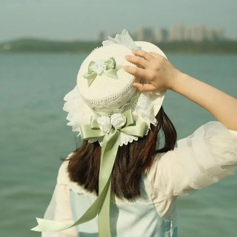 

Соломенная шляпа Лолиты, лесной сладкий бант, французская шляпа от солнца с цветком для девочек, детская шляпа Лолиты с плоским цилиндром