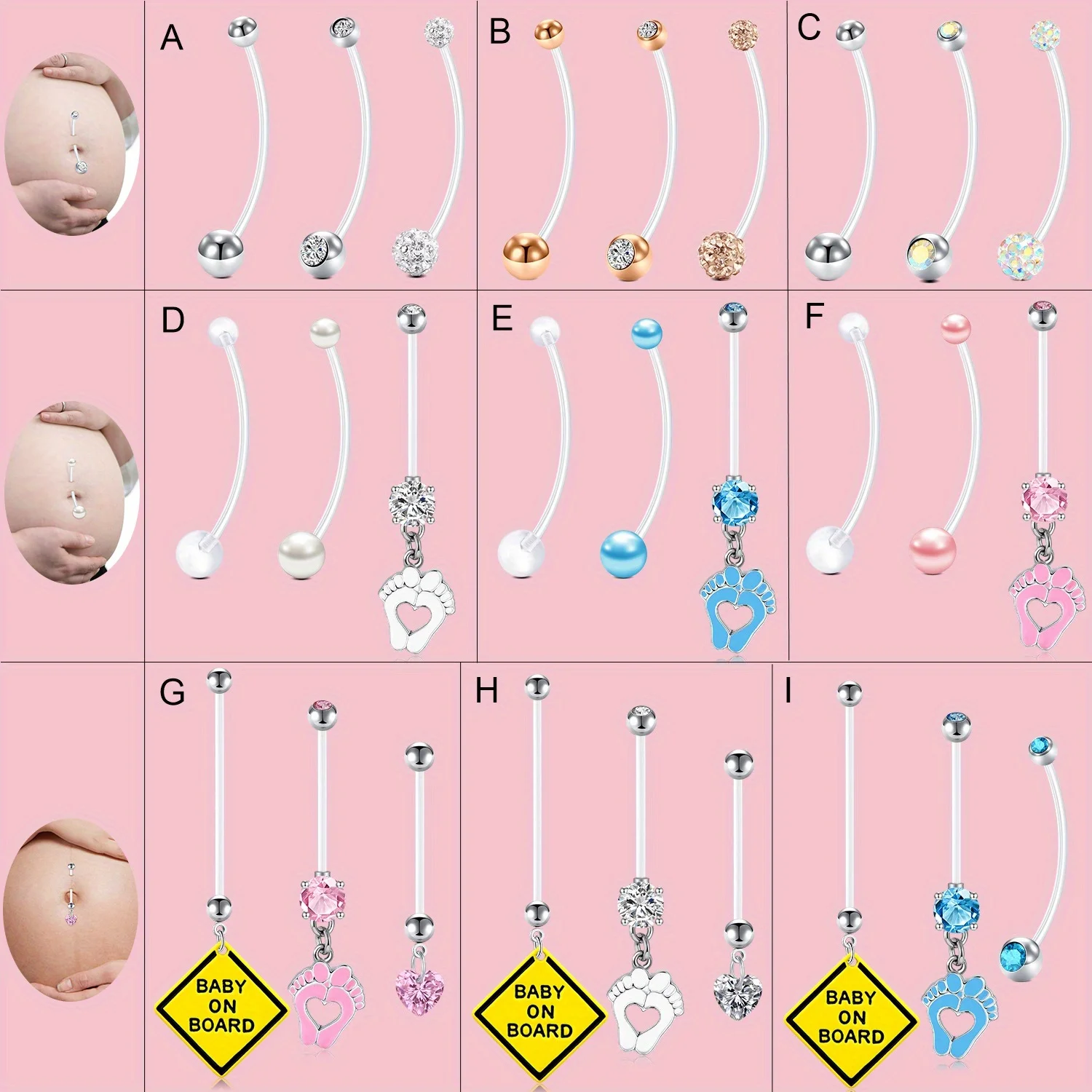 3pcs 14G Elegant & Cute Plastic Belly Button Rings for Pregnant Women - Flexible Long Bar Navel Piercing Retainers