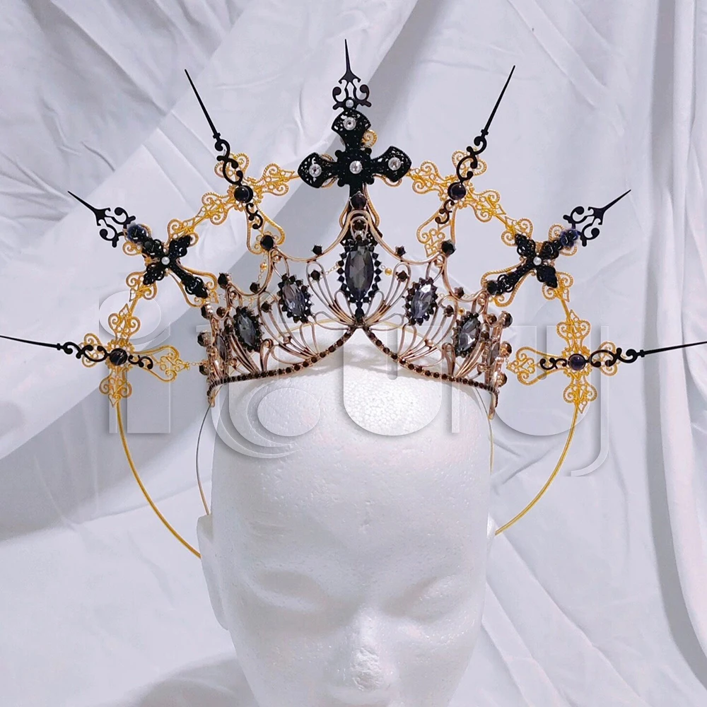 Bandeau couronne croisée en or noir, gothique, Lolita, déesse du soleil, reine, Halo à pointes, accessoires pour cheveux pour femmes, Halloween, noël