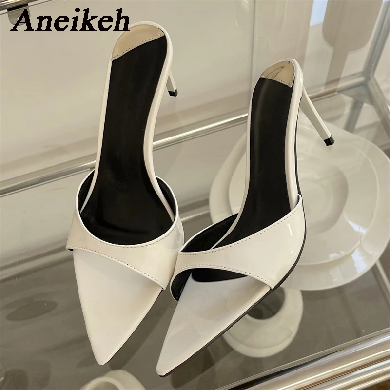 Aneikeh2024 Fashion Sexy PU Shallow Slim High HeelsWomen's Pointed Open Toe Outdoor Solid Color Anti slip Sandals Slippers Mules