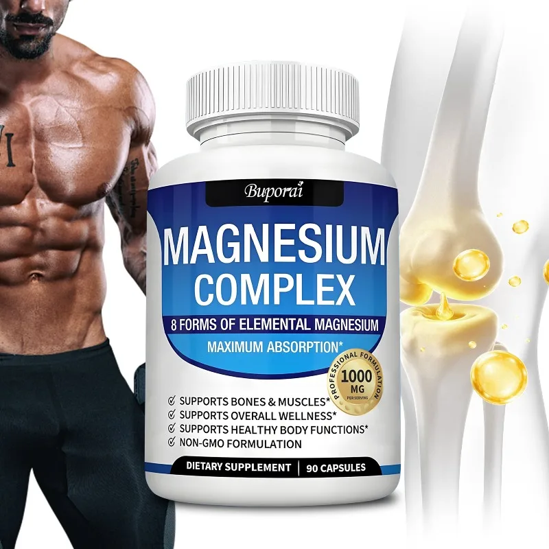 90pcs Magnesium Complex Supplement 8 Elemental 1000mg - Easy Absorption for Bones, Muscle, Recovery, Energy, Vegan Non-GMO