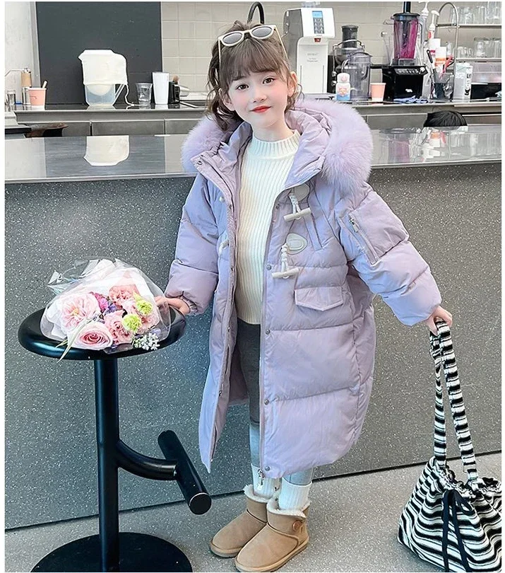 Girls Mid Length Cotton Jacket Winter 2024 New Trendy Baby Cotton Jacket with Large Fur Collar Children Winter Clothing