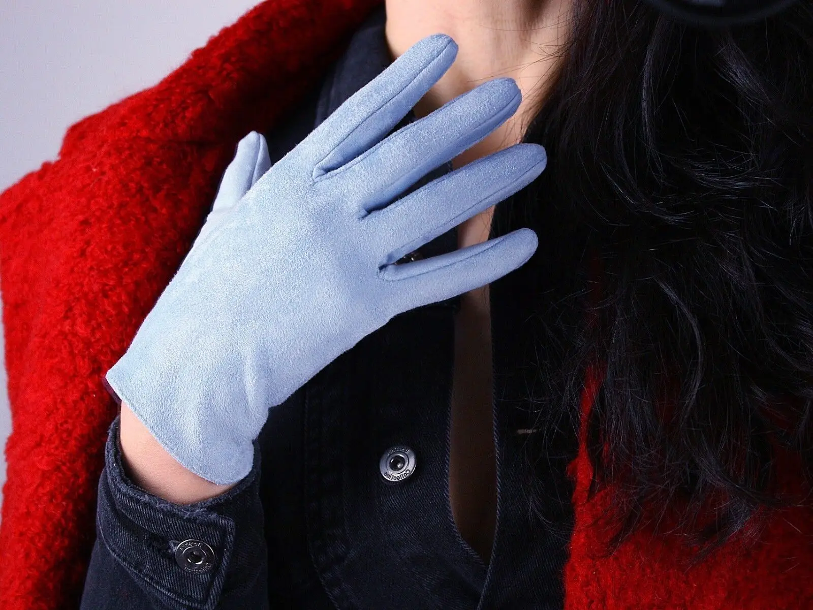 Baby Blue Suede Gloves Wrist Short Faux Leather Double-faced Halloween Dressing Cosplay Costume Evening Motor Driving Glove