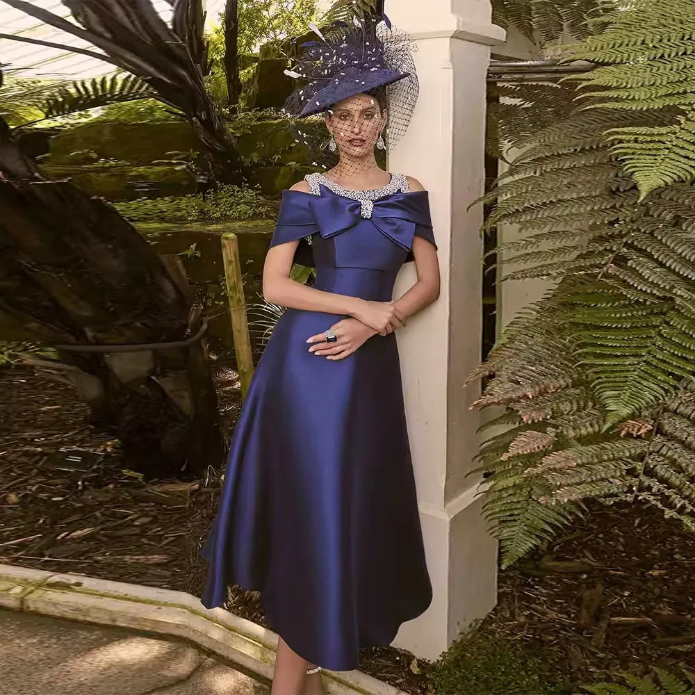 Customized Exquisite Mother of the Bride  Dresses Satin A-line Cocktail Party Dress Royal Blue Off-the-shoulder Pearls Bow Prom