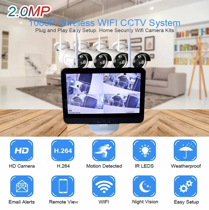 Sistema de videovigilancia CCTV de 8 canales con NVR Wifi de 1080P y sistemas de vigilancia inalámbricos Plug Play LCD de 12,5 pulgadas