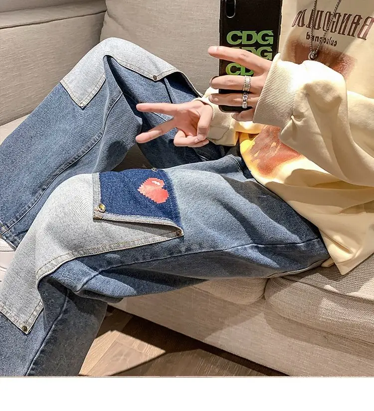 Straight Jeans Men Spring And Summer Trend All Match Pants Loose Fashion Trousers Love Design Wide Leg Couple Pants 2022