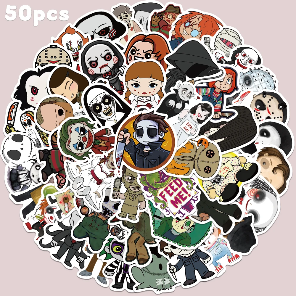 

50pcs Cute Version Horror Movie Character Sticker Decal For Diary Fridge Phone iPad Luggage Guitar Skateboard DIY Decal Sticker