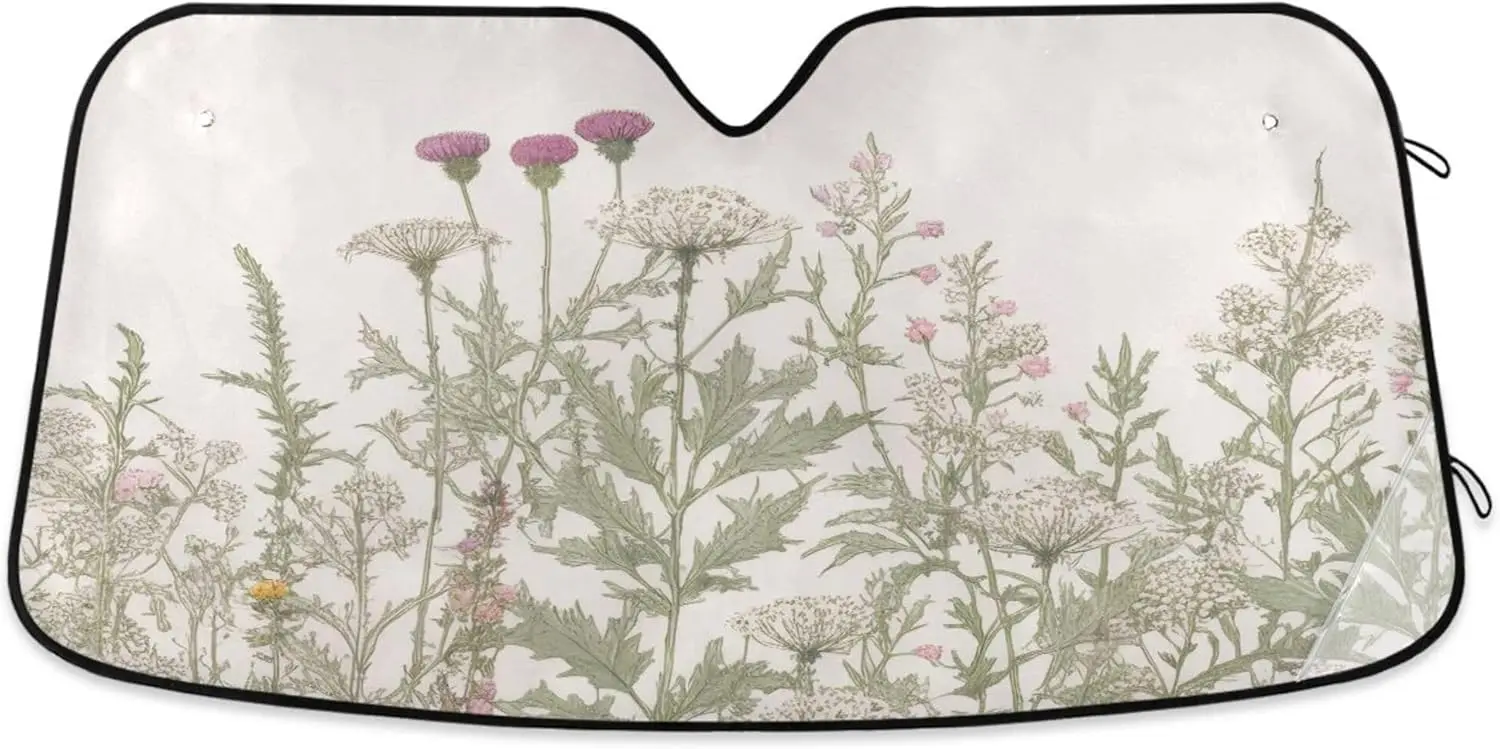 

Vintage Colorful Herbs Wild Flowers Floral Car Windshield Sunshade Foldable Front Window Sun Visor Protector for Car,SUV,Truck -
