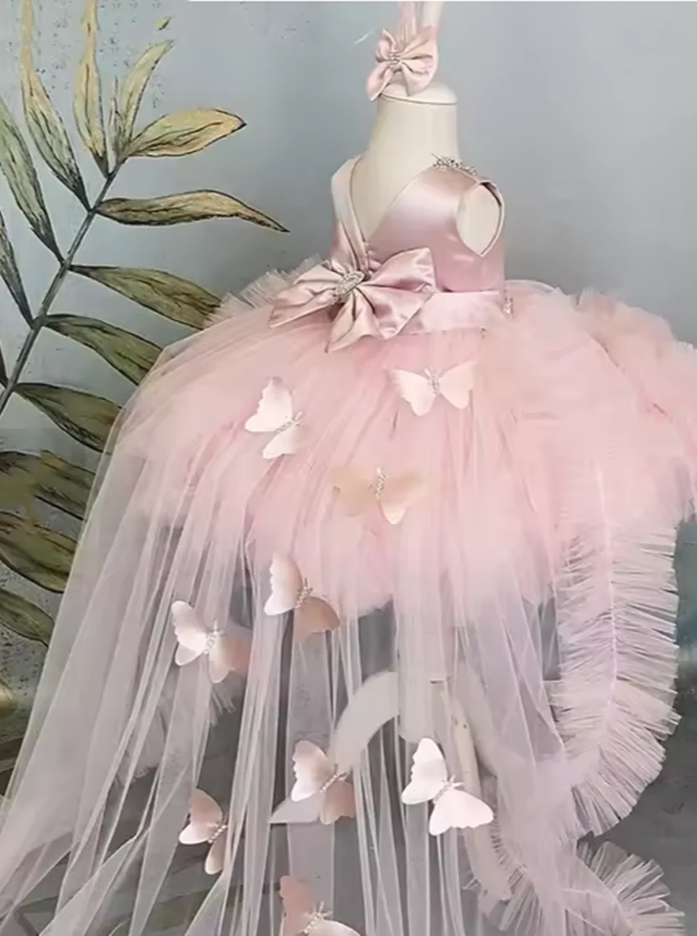 

Puffy Girl Dress Pink Baby Dress With Train Flower Girl Dress Bow Cute Kid's Child Birthday Dresses First Communion