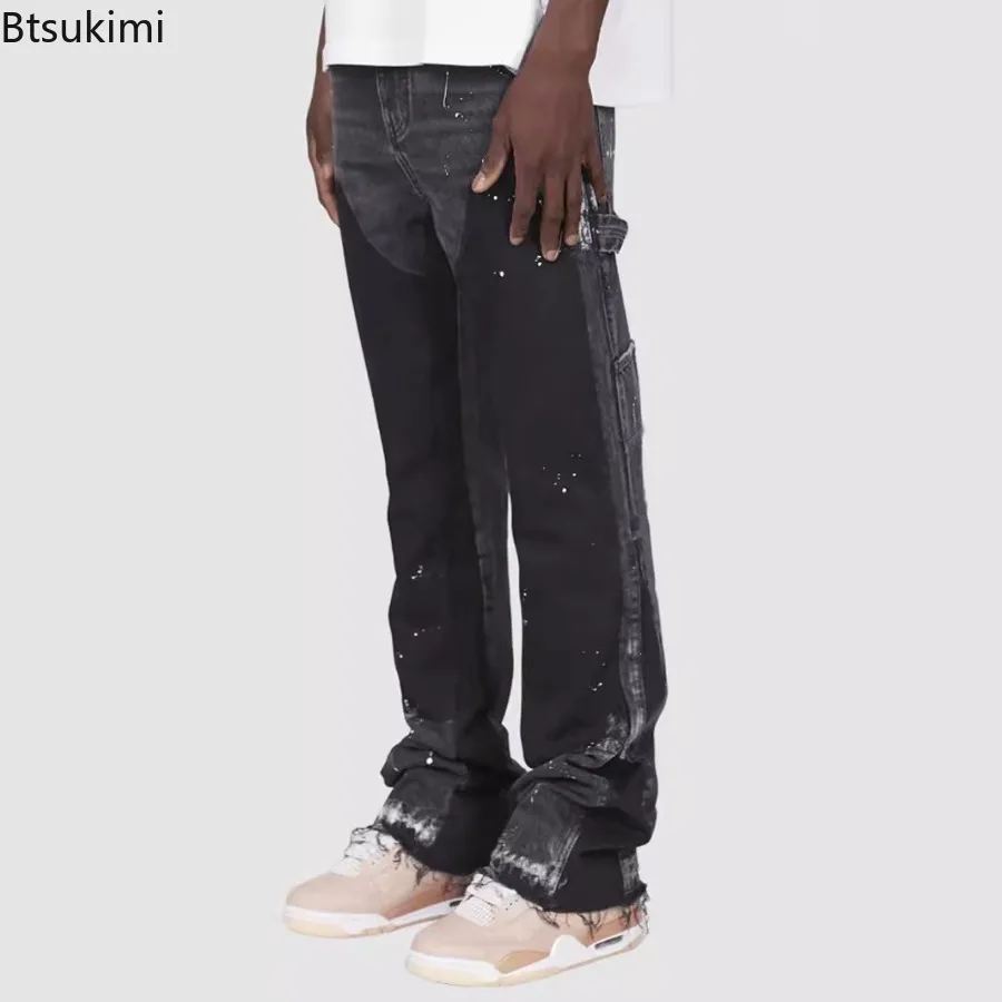 2025 Men's Fashion Jeans Patchwork Loose Casual Trousers Men Vintage Cargo Pants Workwear Elastic Denim Layered Flare Pants Male