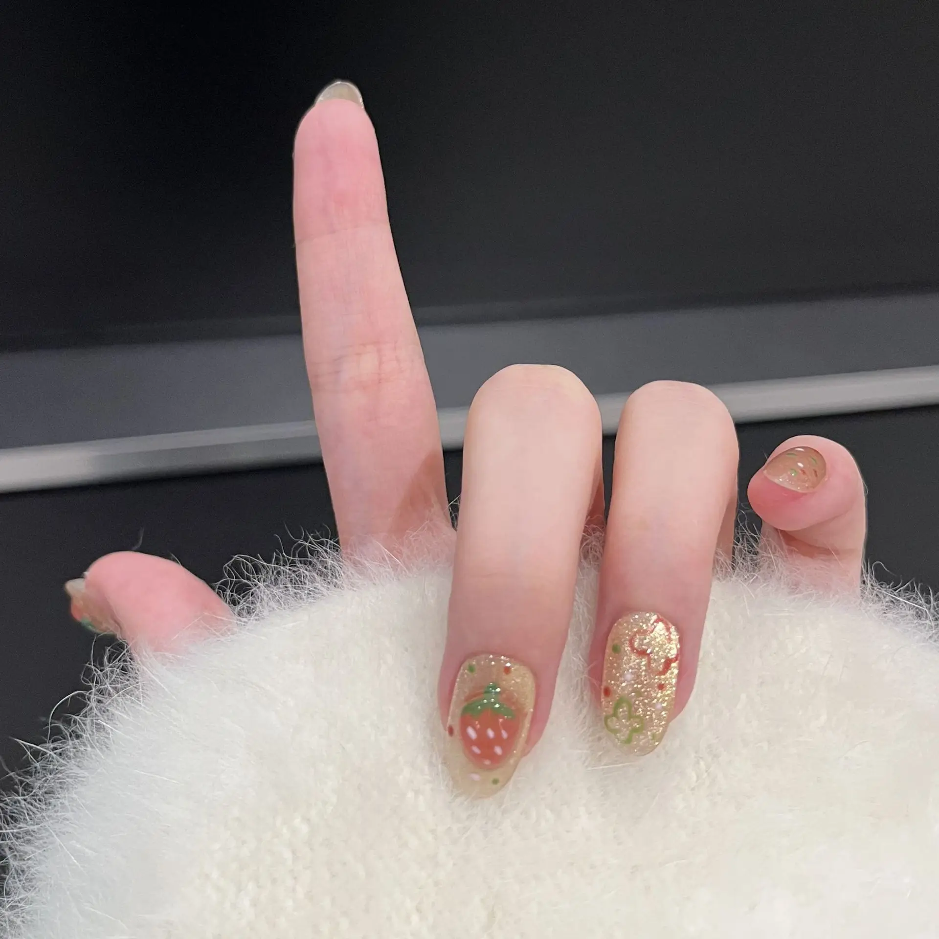 

10PCS Summer New Fresh Fruit Watermelon Strawberry Pineapple Cat Eye Handmade Nails Almonds Press Against Nails Fake Nails