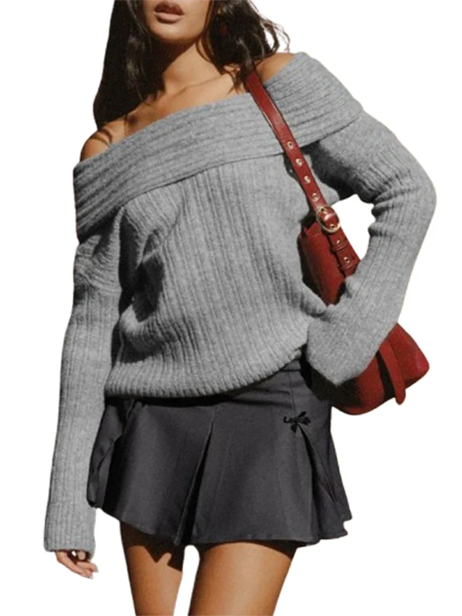 Ribbed Slim-Cut Casual Pullover Autumn Sexy Ladies Solid Color Chest Folding Boat Neck Off-Shoulder Long Sleeved Knitted Tops