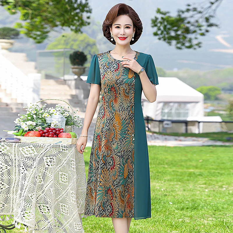 Elegant Patchwork Short Sleeve A-line Knee-length Dress For Women Causal O Neck Summer Dress Female  Clothing Vestidos