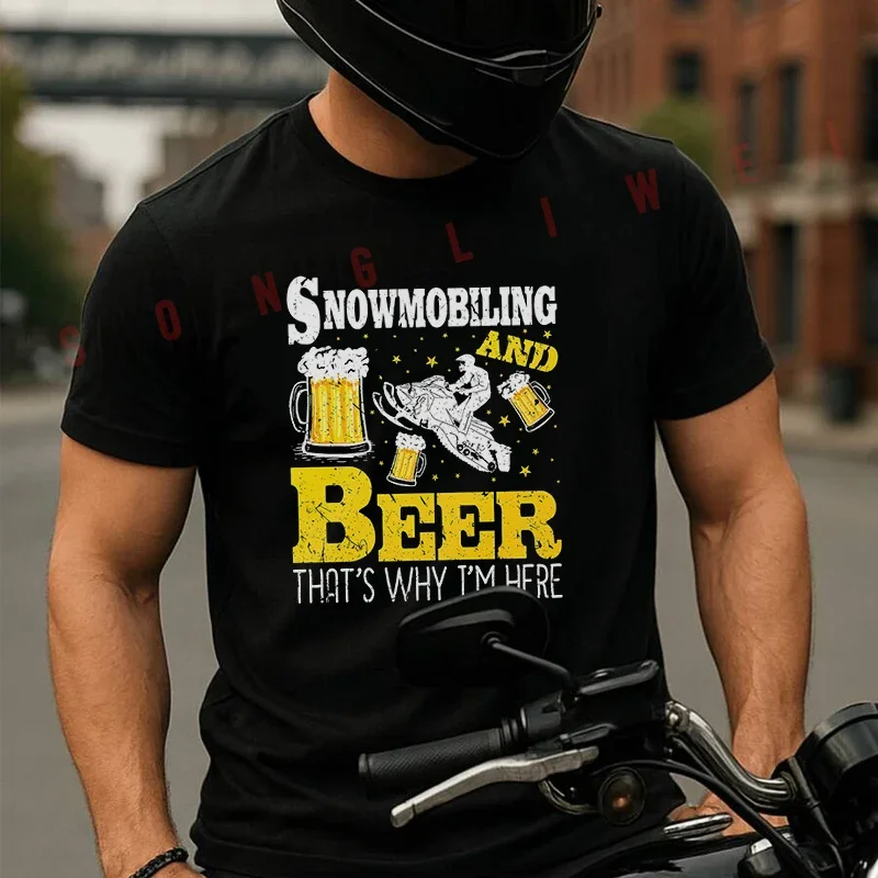 

Moto Cotton T-Shirt Snowmobiling And Beer Motor Sled Men Tees O-neck Short Sleeve T Shirt Fashion Hip Hop Streetwear Tshirt