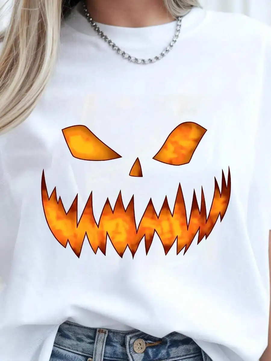 2026 New Halloween Glowing Fire Jack O Lantern Graphic Crew Neck T Shirt For Women Fiery Orange Pumpkin Scary Grin Eyes Print Loose Casual Holiday Top