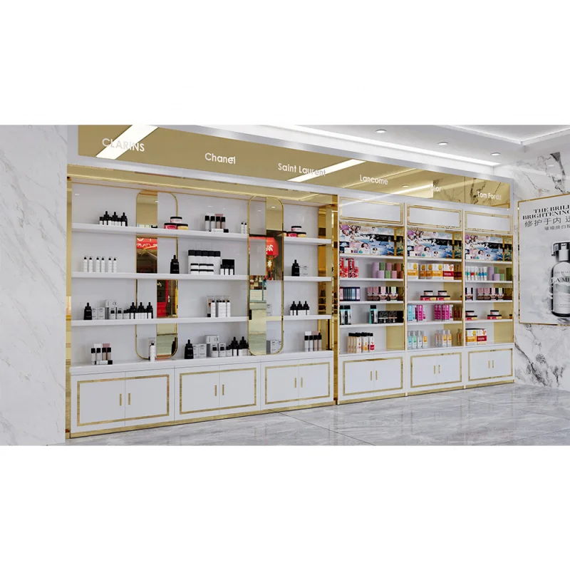 

Customised. Luxury Cosmetic Shop Display Rack Design Floor Standing Wooden Cosmetic Display Shelf Cosmetic Display Showcase