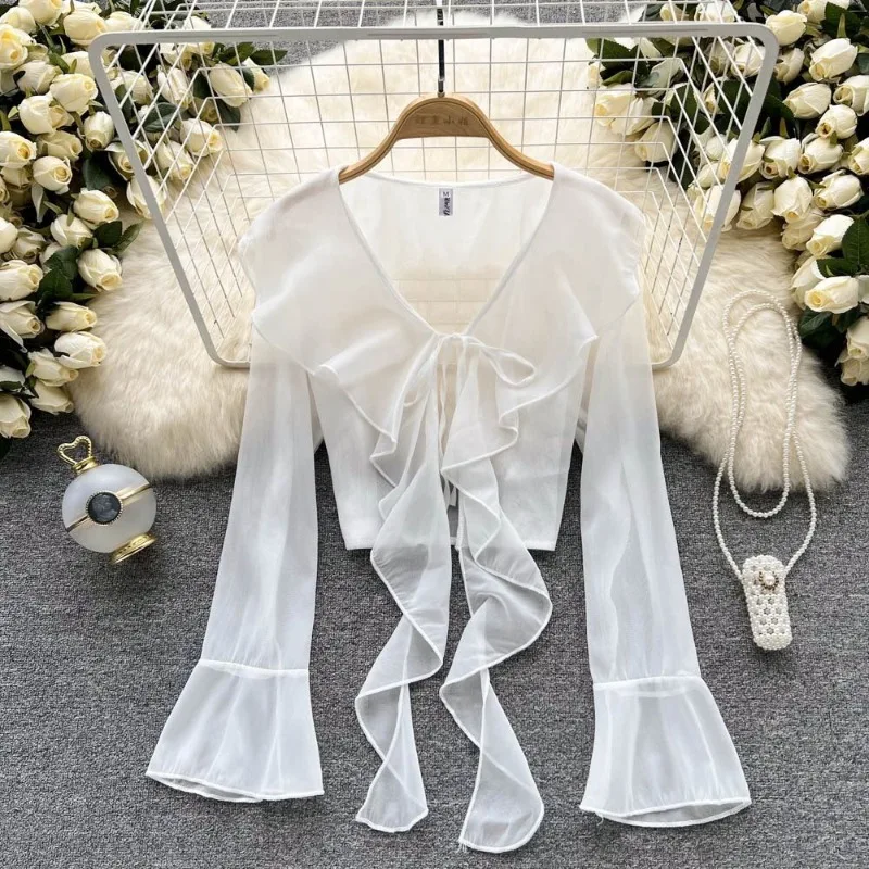 Fashion Patchwork Ruffles Chiffon Women\'s 2024 Summer Solid Color Butterfly Sleeve Short V-neck Cardigan Bandage Ponchos Coats